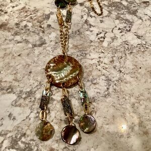 Chic Gold and Green Shell and Abalone Long Boho Beachy Necklace